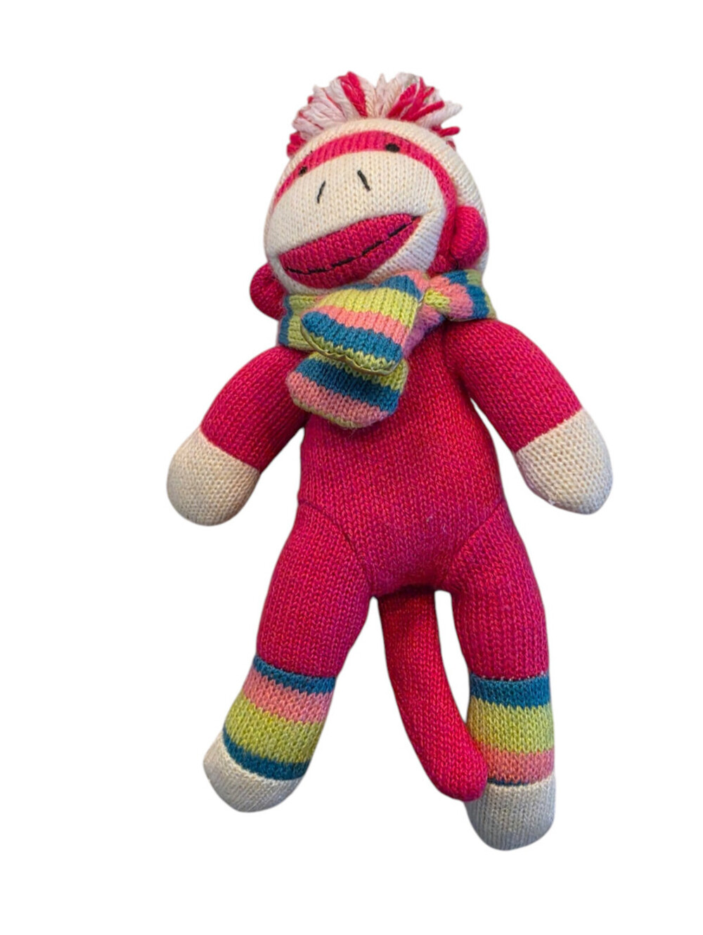 Vintage Y2K vibrant pink knit sock monkey plush toy Stuffed Animal